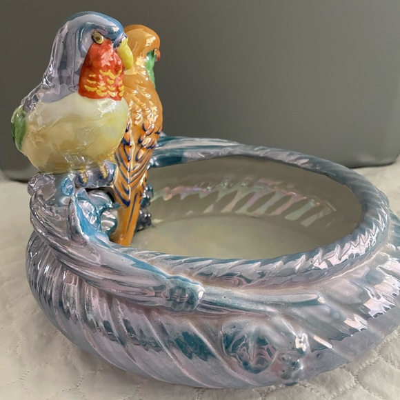 Rare vtg Japan polychrome/Lustreware bungee bird parakeet planter ceramic vase - Picture 10 of 13